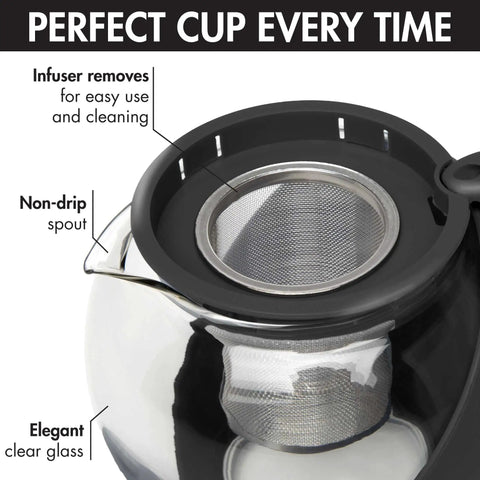 Half Moon Glass Teapot With Removable Infuser And Fine Mesh Stainless Steel Filter Dishwasher Safe 40 Ounce Black Tea Maker Borosilicate Glass With Protective Handle Easy Pour close-up of non-drip spout and infuser