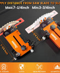 Close-up of 2 In 1 Woodworking Jig With Feather Boards for table saw, showing max and min blade slot distances, aluminum body.