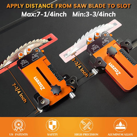 Close-up of 2 In 1 Woodworking Jig With Feather Boards for table saw, showing max and min blade slot distances, aluminum body.