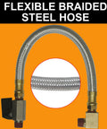Extended Tank Drain Valve Kit with ten-inch braided steel hose, 1/4 inch NPT brass adapter for air compressors