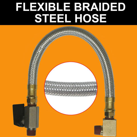 Extended Tank Drain Valve Kit with ten-inch braided steel hose, 1/4 inch NPT brass adapter for air compressors