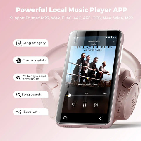 Kids Bluetooth MP3 Player With WiFi And 4.0 Inch Touch Screen Android Music Player with headphones on pink background.