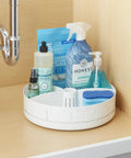 Under Sink Turntable Organizer With Adjustable Dividers, Lazy Susan for storage with cleaning supplies, 360 Degree Rotation, White.