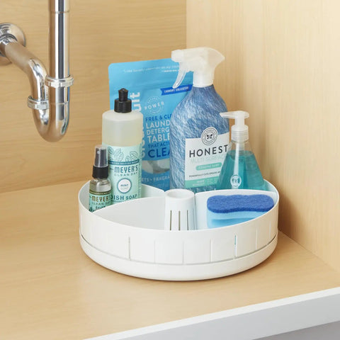 Under Sink Turntable Organizer With Adjustable Dividers, Lazy Susan for storage with cleaning supplies, 360 Degree Rotation, White.