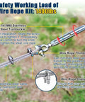 Quarter Inch Stainless Steel Wire Rope Kit 50 Ft With Turnbuckles Clamps Thimbles For Zipline And DIY Heavy-Duty Projects 7x19 Cable Premium 304 Stainless Steel 1400 Lb Load Limit shown with labeled components and usage instructions.