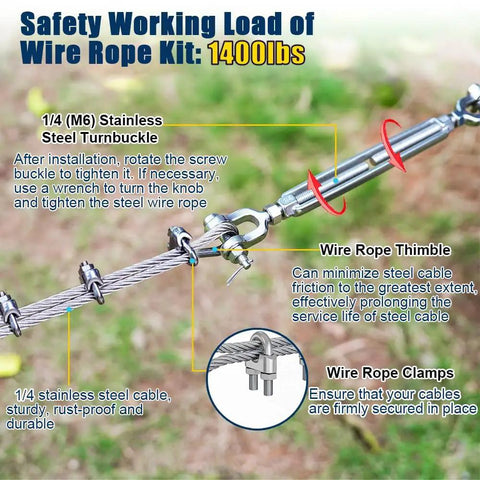 Quarter Inch Stainless Steel Wire Rope Kit 50 Ft With Turnbuckles Clamps Thimbles For Zipline And DIY Heavy-Duty Projects 7x19 Cable Premium 304 Stainless Steel 1400 Lb Load Limit shown with labeled components and usage instructions.