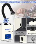 100W Solder Fume Extractor With HEPA H13 Filter 210 m3/h Three Settings, details: dimensions, rotation, parts close-up