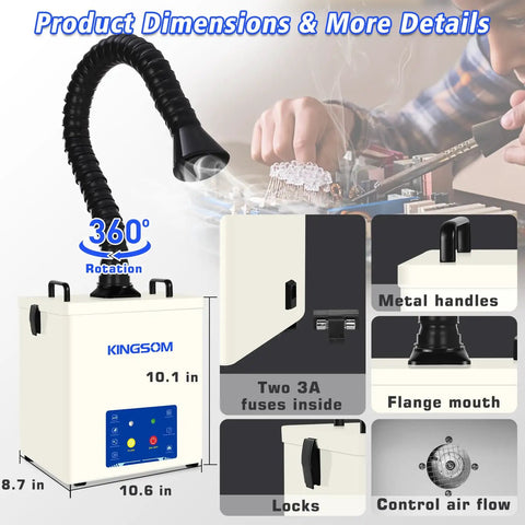 100W Solder Fume Extractor With HEPA H13 Filter 210 m3/h Three Settings, details: dimensions, rotation, parts close-up
