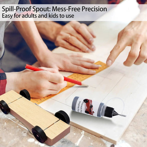 Ultra Fine Graphite Powder for Pinewood Derby Cars Half Ounce with Precision Needle Tip Applicator, shown with wooden car model