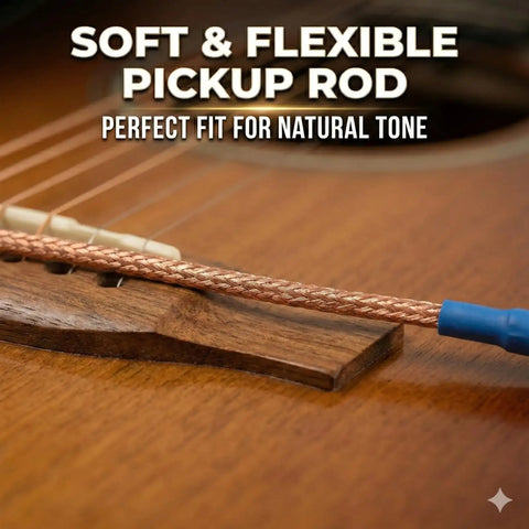 Close-up of guitar bridge with a soft, flexible pickup rod labeled 'soft & flexible pickup rod perfect fit for natural tone.'