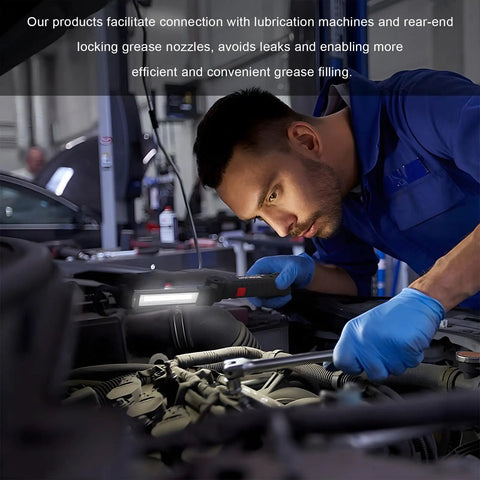 Mechanic using 90 Degree Grease Coupler Adapter With Sleeve For Tight Spaces Right Angle Grease Gun Fitting in car engine bay