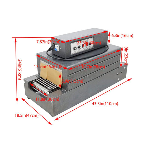 Heavy Duty 220V Heat Shrink Wrap Machine With Electric Tunnel Conveyor And Film Sealer, dimensions labeled on machine