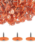 Top Shelf 500 Pack Of Heavy Duty One Inch Galvanized Roofing Nails With Round Plastic Caps For Tar Paper House Wrap Foam Board And Insulation Film Totally Dope And Built Tough, orange plastic caps and steel nails.