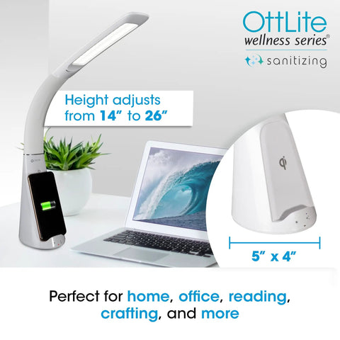 Purify LED Desk Lamp with Wireless Charging, Touch Activated, showing flexible gooseneck and adjustable height next to a laptop.