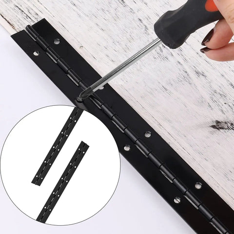 Heavy Duty Piano Hinge 48 Inch By 1.5 Inch Black Stainless Steel Continuous Hinge With Mounting Screws being installed with a screwdriver.