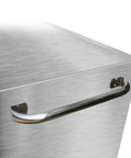Close-up view of the handle on Top Shelf 9 Drawer Stainless Steel Tool Cabinet Rock Solid Rolling Chest Premium 304 Build.