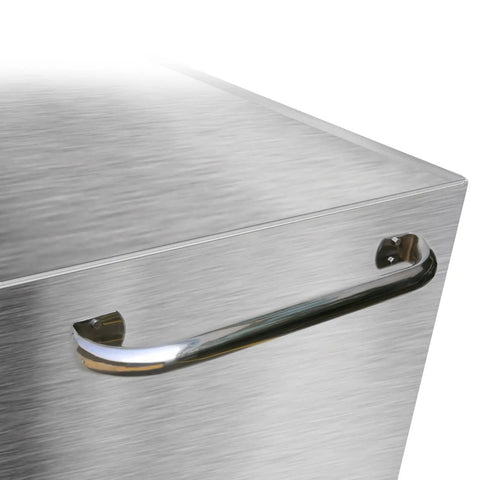 Close-up view of the handle on Top Shelf 9 Drawer Stainless Steel Tool Cabinet Rock Solid Rolling Chest Premium 304 Build.
