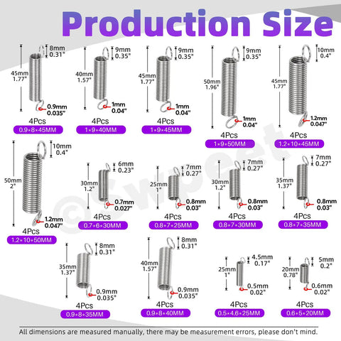 Assorted stainless steel extension spring set with dual hook 100 pieces in 25 sizes for home repairs, shown with measurements.