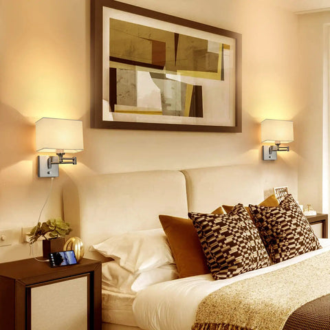 9.5 Inch Wall Lamp With USB Port And Dimmer, Plug In Cord Sconce With White Fabric Shade in cozy bedroom setting