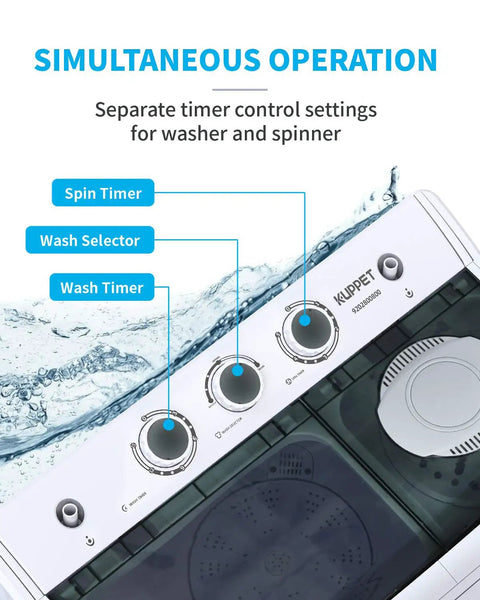 Real Deal Compact Twin Tub Portable Mini Washing Machine 21 Pounds Capacity Semi Automatic Washer Spin Dryer Combo control panel with timer settings