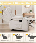 Compact Manual Recliner For Small Spaces With Adjustable Backrest showing side view, cup holder, and side pocket in beige.