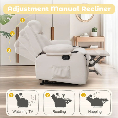Compact Manual Recliner For Small Spaces With Adjustable Backrest showing side view, cup holder, and side pocket in beige.