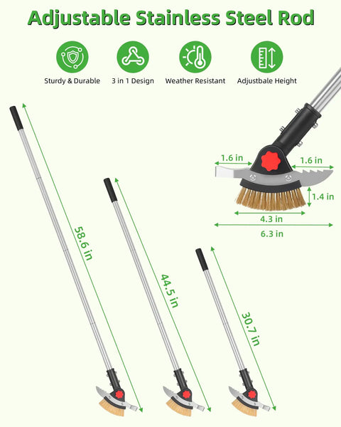 3 In 1 Long Reach Weeder With Stainless Steel Brush And Dual Scrapers, 58.6 Inch Adjustable Handle For Driveways Sidewalks And Lawns, Easily Pull Weeds Moss And Dirt Without Bending Your Back. Adjustable stainless steel rod with 3-in-1 brush head and handle sizes