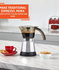 Heavy Duty Cast Aluminum Electric Espresso Maker Brews Three Or Six Cups Slick Silver Design on a countertop with coffee and cookies