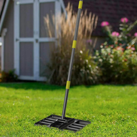 Heavy Duty Lawn Leveling Rake with 6 Foot Handle on grass, featuring 18x10 inch ground plate for soil smoothing and leveling