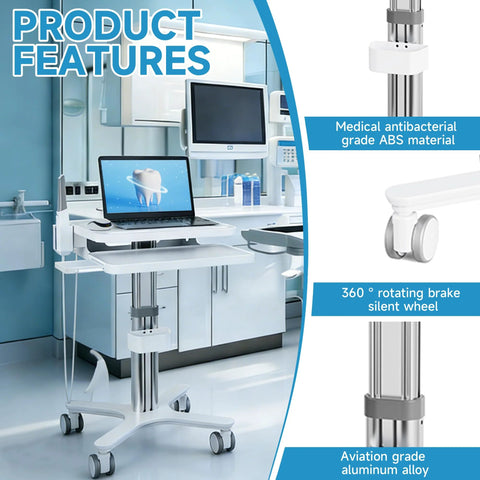 Dental clinic trolley cart with laptop tray and oral scanner holder; front view, aluminum alloy frame on braked wheels