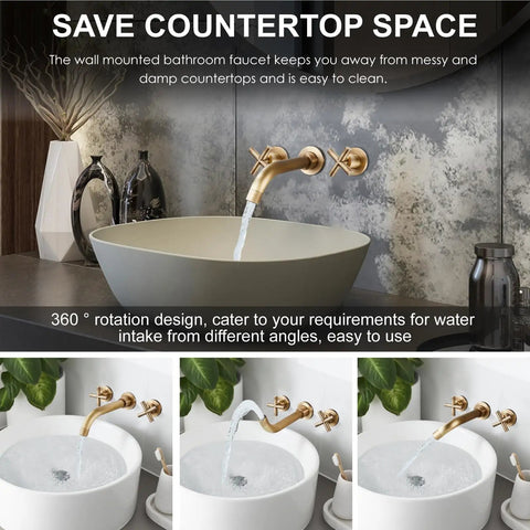 Wall Mounted Bathroom Sink Faucet With Dual Cross Handles, 3 Hole Widespread Vanity Mixer Tap In Matte Black, Go-To Rough-In Valve Included, Solid Brass Construction, Effortless DIY Install, Sleek Contemporary Style