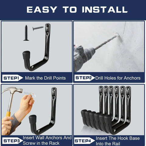 Installation steps for J Utility Hooks Heavy Duty Garage Wall Hangers For Tool Organization 25 Pound Capacity.