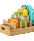 Bamboo Lid Organizer For Inside Cabinet With 4 Adjustable Inserts And 5 Sections, Holds various colorful lids and plates