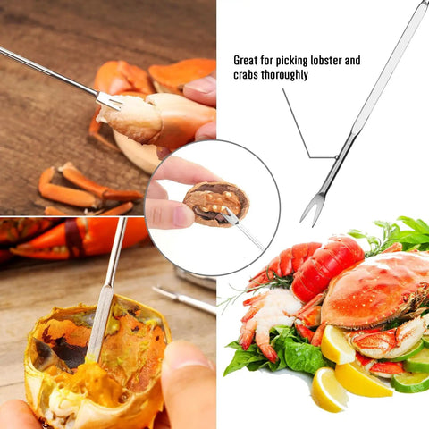 20 Pack Seafood Crackers And Tools Set Party Ready Gear includes crab fork extracting meat from shell with seafood platter.