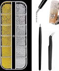 DIY Mani Pros Will Love Mixed Sizes Nail Beads Kit With Magnetic Pen And Tweezers For Nail Art displayed with tools and beads