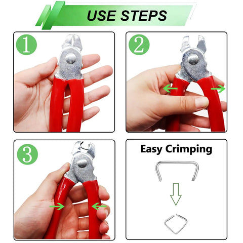 Steps using Hog Ring Kit With Heavy Duty Pro Grade Straight Pliers, 285 Pieces Galvanized Hog Rings In 3/4 Inch, 1/2 Inch, And 3/8 Inch Sizes
