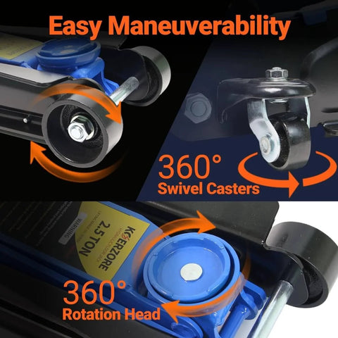 2.5 Ton Hydraulic Floor Jack With Low Profile For Sedans And SUVs 3.4 Inch To 15.2 Inch Lift Range Alloy Steel Build showing swivel casters and rotation head