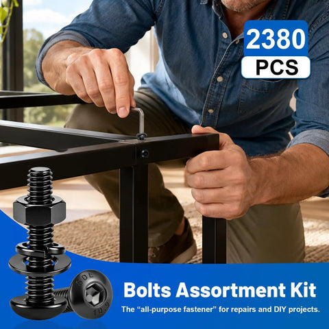 Solid As A Rock Heavy Duty Metric Hex Socket Button Head Screws Assortment Kit Including A Massive 2380 Piece Set Of Grade Ten Nine Alloy Steel Machine Bolts For M2 Through M5, man assembling furniture with hex bolts.