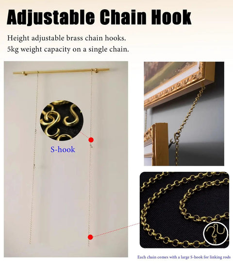 Adjustable Picture Rail Hanging System With Brass Chain Hooks No Damage Wall Track For Gallery Displays Metal Frame Hanger Kit Easy Setup For Home Decor And Museum Style Artwork Suspension Pole 150cm Long brass chain hooks with S-hook, wall rail and hanging chain close-up