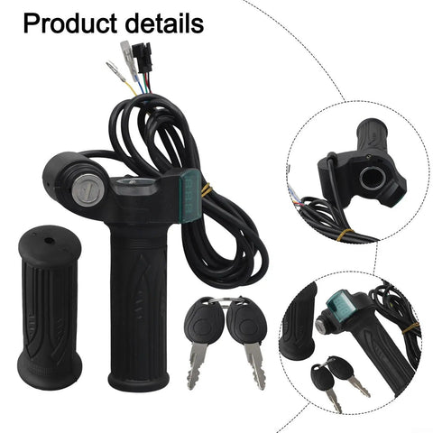 Upgrade Your Ride With This Smart LED Display Throttle Grip Pair Designed For 24-60V Ebike Systems Featuring Secure Lock-On Aluminum Clamps And Real-Time Battery Voltage Monitoring For A Safer And Smoother Electric Bike Journey No More Guessing What. black ebike throttle grip pair with LED voltage display, keys, and cable