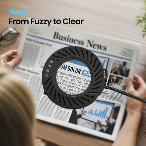 10X Magnifying Glass With Light And Stand over newspaper text, demonstrating clarity enhancement with 144 LED desk lamp.