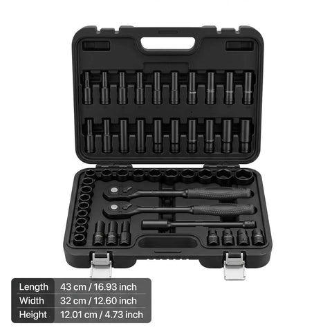Heavy Duty 3/8 Inch Drive Impact Socket Set With Extensive 64 Piece 6 Point Cr-V Deep And Shallow SAE Metric Kit Plus Extension Bars For Tough Job Site Wrenching And Auto Repair Hacks, case open