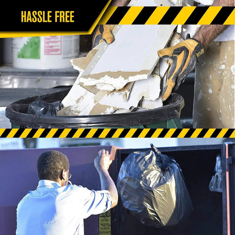 Heavy Duty Contractor Bags In A Tough 50 Pack With Rip Resistant Drawstrings At 42 Gallon Size And 3 Mil Gauge for debris disposal.