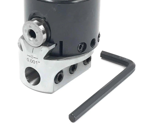 Two Inch Boring Head With 1 1/2 Inch 18 Thread Pro Grade Build, tool capacity up to 1/2 Inch, max offset 5/8 Inch, smooth bar holder shown
