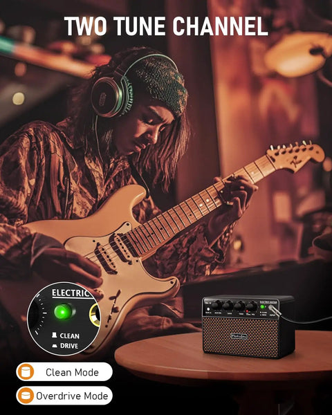 Musician playing electric guitar with Compact 10W Guitar Amp With Clean And Drive Channel USB C Rechargeable Wireless Portable Practice Amp nearby.