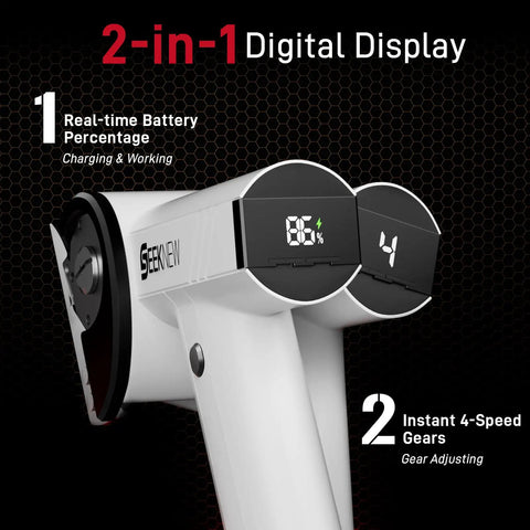 SEEKNEW Cordless Electric Scissors With LED Display showing battery percentage and 4-speed setting for precise cutting.