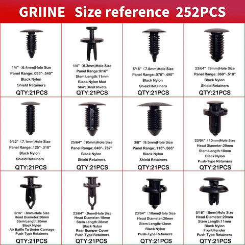 252 Piece Universal Bumper Retainer Clip Kit With 12 Popular Sizes showing various auto push pin rivets and fasteners