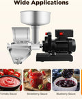 Heavy Duty Electric Tomato Sauce Maker And Fruit Strainer with large funnel and motor for jam, salsa, puree processing.