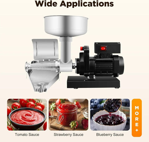 Heavy Duty Electric Tomato Sauce Maker And Fruit Strainer with large funnel and motor for jam, salsa, puree processing.