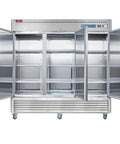 Hella Spacious 72 Cubic Foot Three Door Commercial Reach In Upright Refrigerator With Solid Doors and Heavy Duty Racks, interior view with racks.